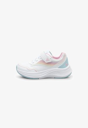 White athletic shoe with a breathable mesh upper, pastel accents, a hook-and-loop strap, and textured midsole for cushioning and support.