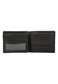 Black leather wallet, bi-fold design, features multiple card slots, a transparent ID window with a striped pattern, and a separate card compartment.