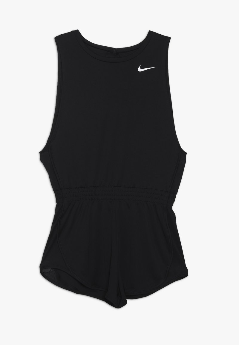 Combi-short sans manches noire de Nike avec taille élastique et jambes courtes, arborant un logo Nike swoosh blanc sur la poitrine.