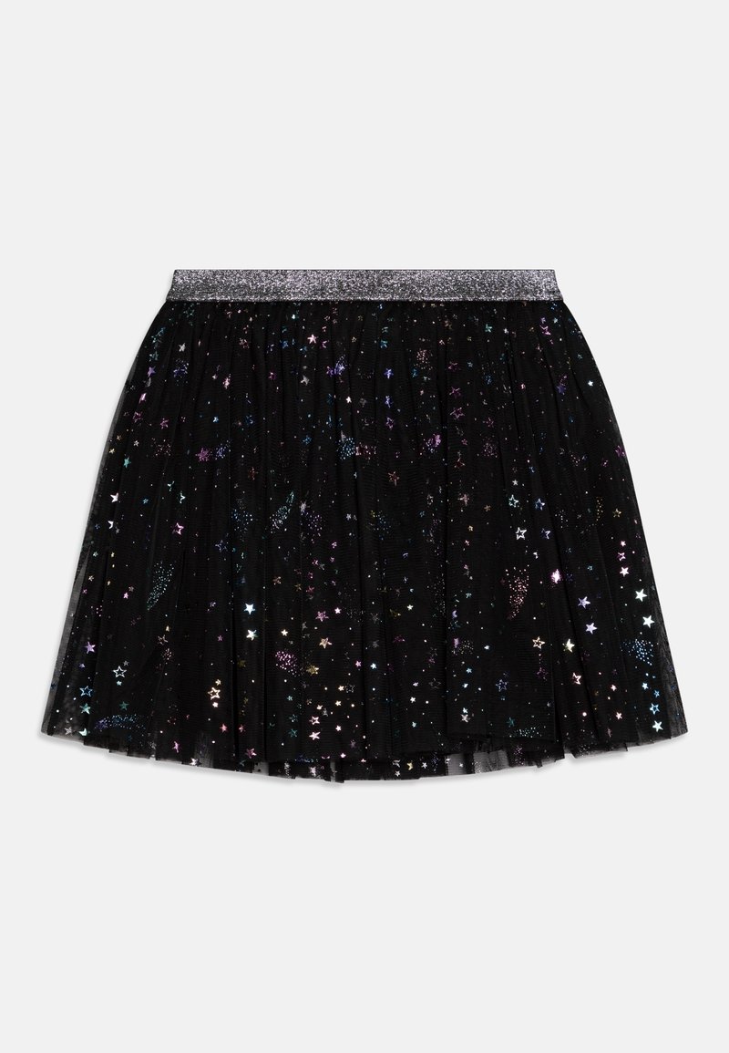 Jupe plissée noire avec une ceinture élastique argentée scintillante et des motifs d'étoiles et paillettes multicolores sur tout le tissu.