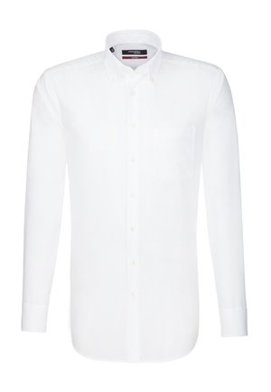 Weißes langärmliges Hemd mit Knopfleiste aus glattem Stoff, mit klassischem Kragen, Brusttasche und regulärer Knopfverschluss.
