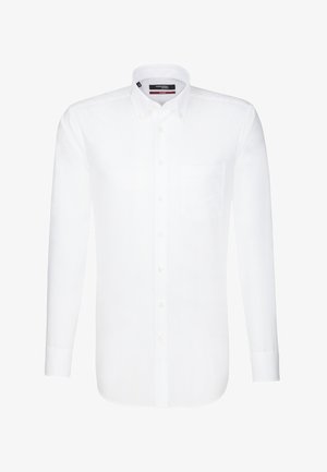 Camicia bianca a maniche lunghe con bottoni realizzata in tessuto morbido, caratterizzata da un colletto classico, taschino anteriore e chiusura con bottoni standard.