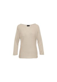Beige Pullover mit langen Ärmeln und weitem Ausschnitt. Strickmaterial mit Struktur, lockere Passform und gesticktes Logo-Detail auf der unteren linken Seite.