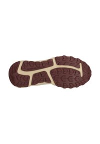 Sport sko sål med en brun gummi overflade og strukturerede riller, samt en lys mellemsål. Bemærkelsesværdig "ENDURANCE" branding til stede.