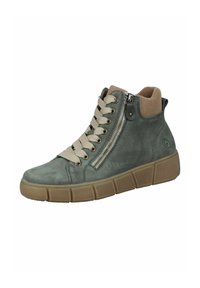 Hochschnittige Sneaker aus grünem Wildleder mit beigen Schnürsenkeln und seitlichem Reißverschluss. Gummisohle mit strukturierten Akzenten und gestricktem Kragen für zusätzlichen Halt.