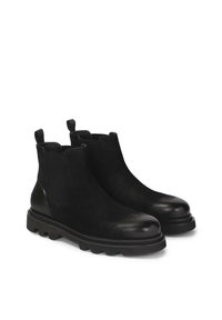 Botas negras de tobillo hechas de cuero, con un acabado suave, paneles laterales elásticos y una suela de goma negra resistente con un ligero tacón.