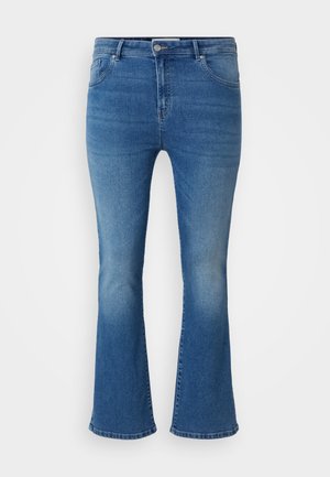 Blue denim flared jeans with a mid-rise waist, two front pockets, and a button closure. Features a faded wash and slight tearing at the hem.