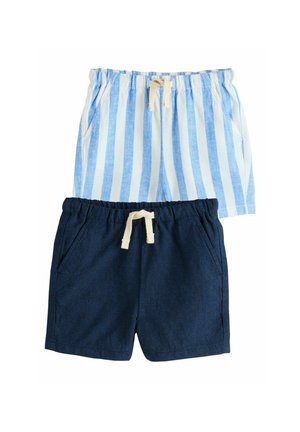 Zwei Paar Kinder-Shorts mit elastischem Bund und Fronttaschen, eines hellblau-weiß gestreift, das andere einfarbig marineblau, jeweils mit beigem Kordelzug.