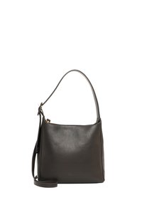 Czarna skórzana torba na ramię o gładkiej fakturze, z pojedynczym uchwytem u góry i odczepianym paskiem. Posiada minimalistyczny design i subtelne akcenty z metalu.