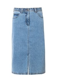 Vaaleansininen farkkuhame, polvipituinen, jossa on etusauma, kaksi sivutaskua ja napitus vyötäröllä joustavan vyön kanssa.