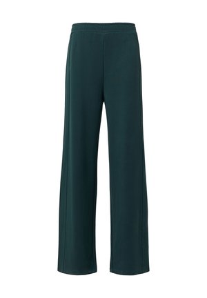 Pantalons larges, vert foncé, fabriqués en tissu doux, avec une taille élastique et sans poches ni motifs visibles.