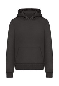 Schwarzer Kapuzenpullover mit einer Kängurutasche vorne, gerippten Bündchen und Saum. Hergestellt aus einem weichen, strukturierten Stoff und mit einem klassischen Design.