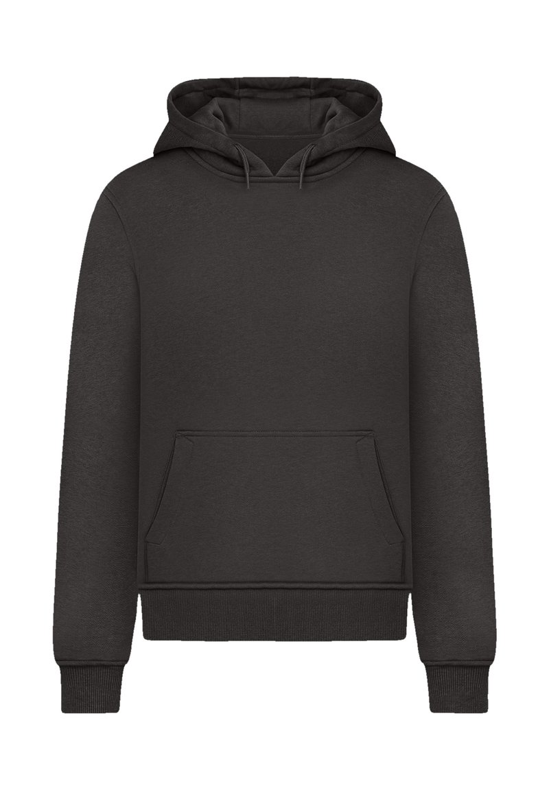 Schwarzer Kapuzenpullover mit einer Kängurutasche vorne, gerippten Bündchen und Saum. Hergestellt aus einem weichen, strukturierten Stoff und mit einem klassischen Design.