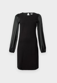 Black dress featuring a fitted silhouette, textured fabric, long satin sleeves, keyhole back detail, and minimal side slits.