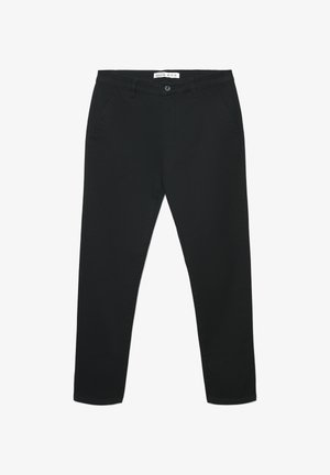 Pantaloni neri in tessuto intrecciato, con chiusura a bottone, due tasche frontali, design slim fit e texture liscia.