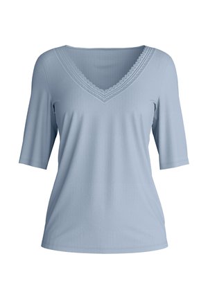 Chemise bleu clair à manches courtes avec col en V bordé de dentelle, en tissu côtelé doux avec une coupe décontractée.
