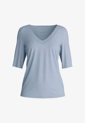 Hellblaues Kurzarmshirt mit V-Ausschnitt und Spitzenbesatz, aus weichem, geripptem Stoff mit lockerer Passform.
