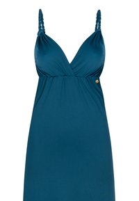 Türkises Kleid mit geflochtenen Trägern, V-Ausschnitt und gerafftem Taillendetail. Hergestellt aus glattem Stoff, mit subtilen goldenen Akzenten.