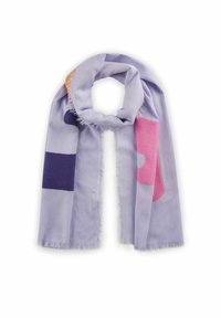 Écharpe lavande en tissu doux, ornée de motifs abstraits en rose, orange et violet foncé, avec des bords frangés.