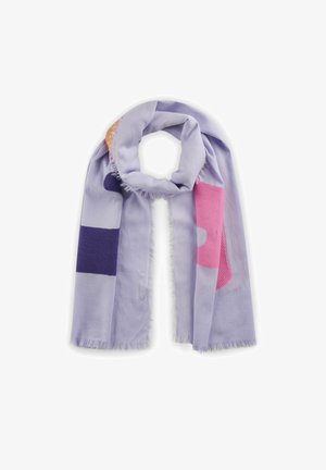 Helllila Schal aus weichem Stoff, der abstrakte Muster in Pink, Orange und Dunkellila zeigt, mit fransigen Kanten.