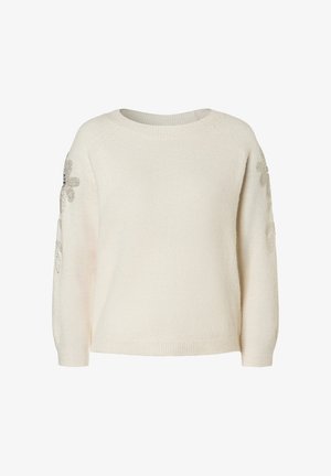 Witte gebreide trui met een ronde hals, lange mouwen en bloemrijke versieringen op de schouders. Zachte textuur en comfortabele pasvorm.