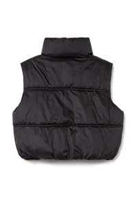 Schwarze Daunenweste mit hohem Kragen, die eine glatte, glänzende Textur und gestickte Details auf dem Rücken und den Schultern aufweist.