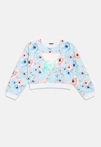 Cropped sweatshirt featuring a light blue floral pattern with pink and blue flowers, butterflies, and a central "GUESS Love" logo in pastel colors.