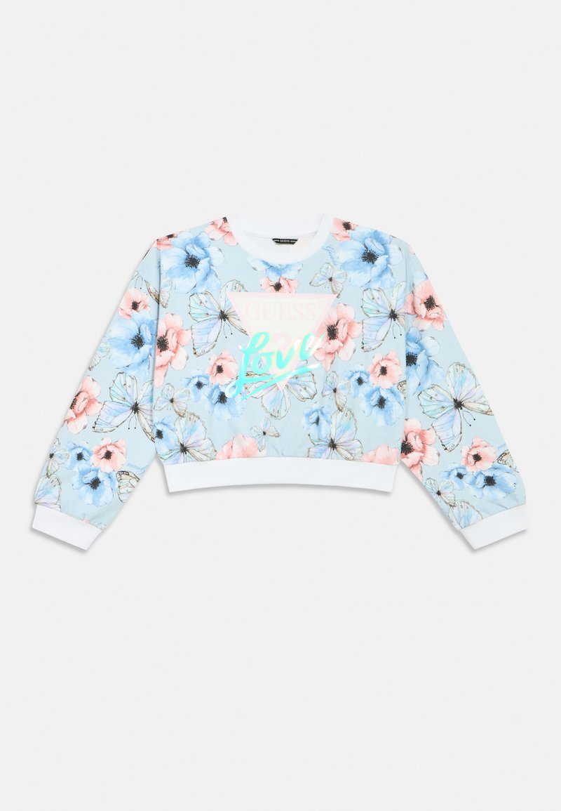 Cropped sweatshirt featuring a light blue floral pattern with pink and blue flowers, butterflies, and a central "GUESS Love" logo in pastel colors.