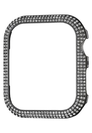 Suorakaiteen muotoinen musta älykellon runko, joka on koristeltu kolmella rivillä kirkkaan pyöreitä kristalleja, sivulla painikkeiden leikkauksilla.