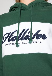 Zelená mikina s kapucí a bílým vodorovným pruhem. Obsahuje vyšívané logo "Hollister Southern California" v námořnické modři. Šňůrky mají zelené třásně.