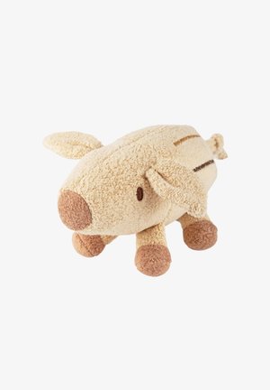 Stuffed pig toy with a plush, beige body, brown snout, and feet. Features floppy ears and stitched lines for texture and detail.