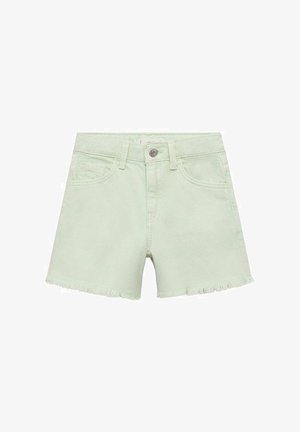 Lichtgroene denimshorts met een rafelige zoom, vijf-pocket ontwerp en een metalen knoopsluiting aan de voorkant.