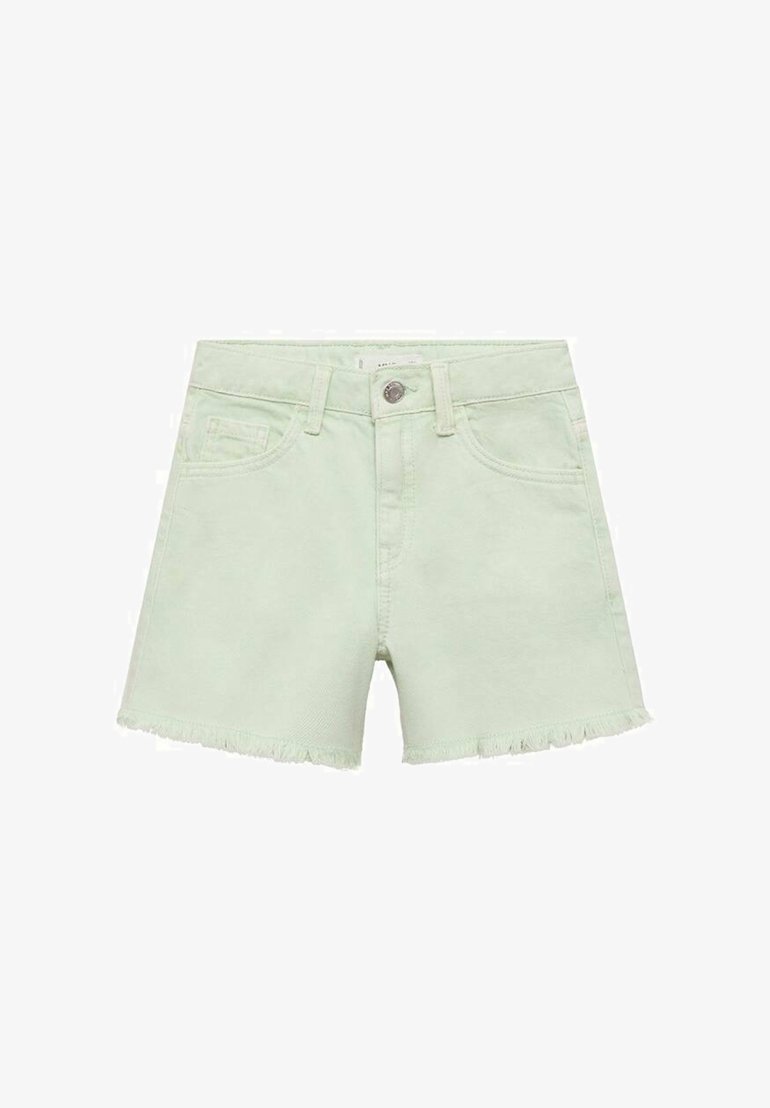Svetlo zeleni denim kratke hlače z raztrgano obrobo, zasnovo s petimi žepi in sprednjim kovinskim gumbom za zapiranje.