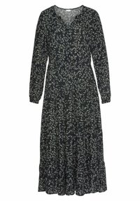 Svart långärmad klänning med blommönster i vitt och grönt. Har V-hals, figursydd midja och lagerdesign på kjolen. Mjuk tygkänsla.