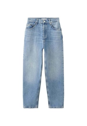 Jean bleu clair taille haute, coupe droite, avec poches avant, passants pour ceinture, fermeture par bouton et zip.