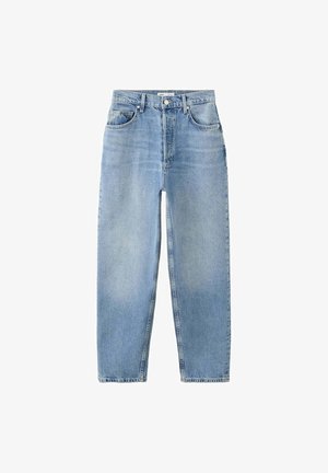 Jasnoniebieskie, wysoki stan, spodnie jeans o prostych nogawkach, z przednimi kieszeniami, szlufkami na pasek oraz zapięciem na guzik i zamek.