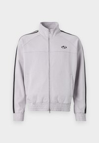 Lichtgrijze sportjack met een hoge kraag, ritssluiting aan de voorkant, elastische manchetten en zoom, met zwarte zijstrepen en een logo op de borst.