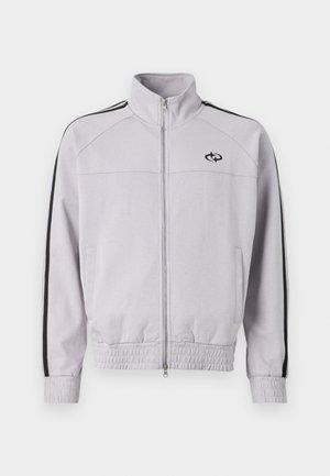 Veste de sport gris clair avec un col haut, fermeture éclair à l'avant, poignets et ourlet élastiques, ornée de bandes latérales noires et d'un logo sur la poitrine.