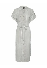Vestito a righe verde e bianco con bottoni, maniche corte, due tasche sul petto, cintura in vita e lunghezza midi.