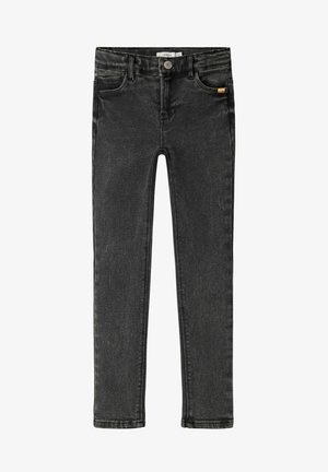 Mustad denim teksad kitsaste lõikega, viiega taskut, nööp sulgemisega ja kontrastsete õmblustega servadel. Pehme tekstuur.