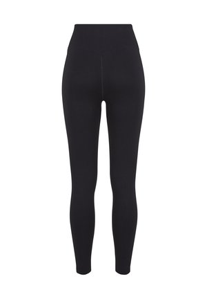 Leggings neri a coste a vita alta, mostrati da dietro, con design senza cuciture e taglio alla caviglia.