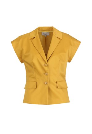 Sárga rövid ujjú blézer három gombbal, hajtókás gallérral és két első zsebfedéllel, kis méretben, fehér háttéren.