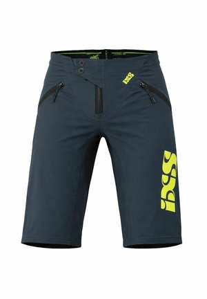 Pantaloncini sportivi grigio scuro con tasche anteriori con zip, due bottoni in vita e marchio "iXS" giallo brillante sulla gamba e in vita.