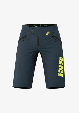 Pantaloncini sportivi grigio scuro con tasche anteriori con zip, due bottoni in vita e marchio "iXS" giallo brillante sulla gamba e in vita.