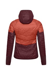 Giacca con cappuccio dal design a blocchi di colore in arancione e borgogna scuro. Presenta una texture trapuntata e maniche aderenti.