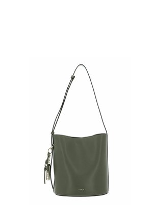 Green leather bucket bag with a curved top, adjustable strap, and a decorative tassel attached. Features a subtle logo on the front.