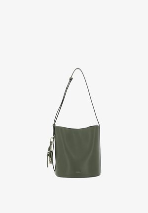 Green leather bucket bag with a curved top, adjustable strap, and a decorative tassel attached. Features a subtle logo on the front.