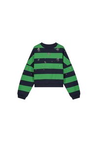 Groene en marineblauwe gestreepte sweatshirt met een ronde halslijn, lange mouwen en decoratieve versieringen overal. Cropped ontwerp.