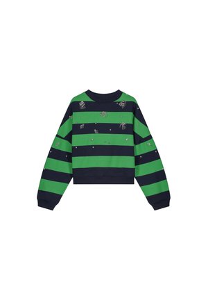 Groene en marineblauwe gestreepte sweatshirt met een ronde halslijn, lange mouwen en decoratieve versieringen overal. Cropped ontwerp.
