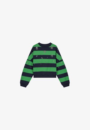 Groene en marineblauwe gestreepte sweatshirt met een ronde halslijn, lange mouwen en decoratieve versieringen overal. Cropped ontwerp.